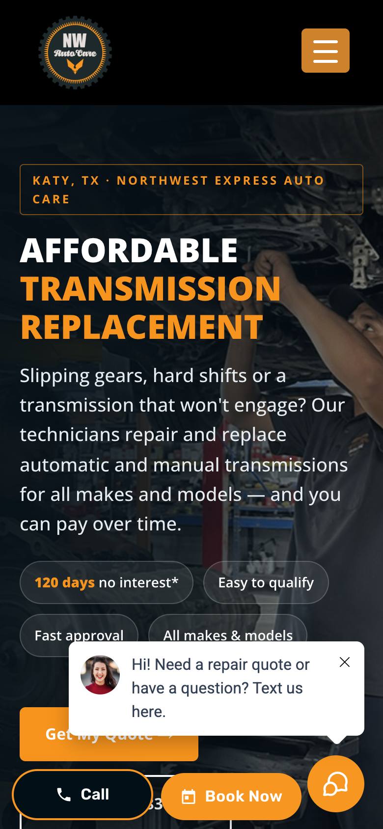 Transmission quote landing page on a phone, October 7 2026